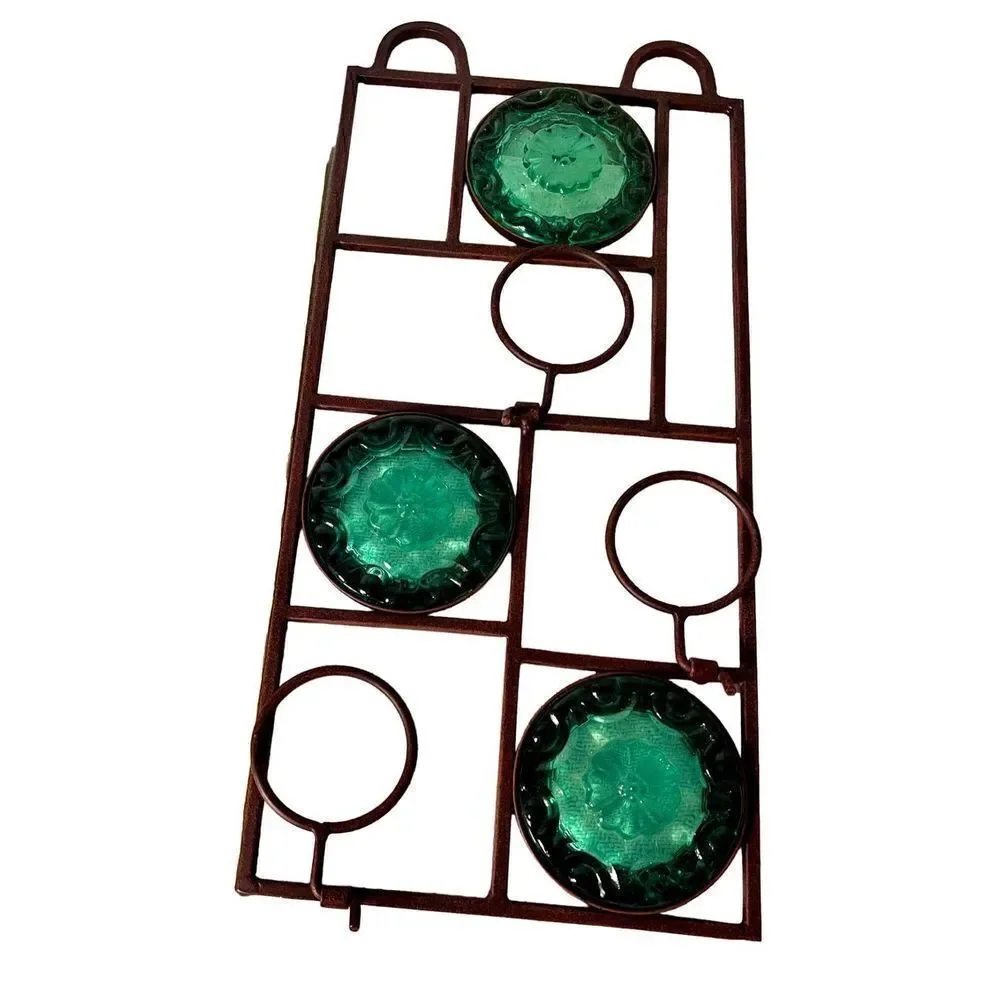 Vintage Wall Hanging Metal 3 Light Votive Candle Holder Green Glass 16”